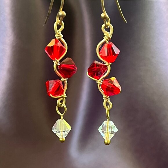 Swarovski Crystal Siam Red, Ruby Red, & Crystal AB, Wire Wrap Dangle Earrings - Picture 3 of 3